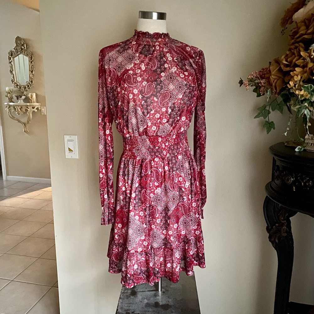 Burgundy Paisley Long-Sleeve Smocked Waist Dress